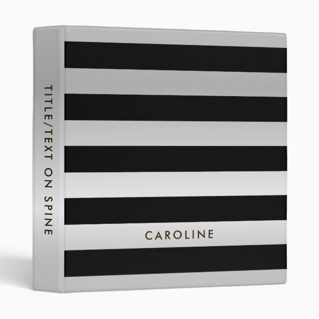 Modern Silver Metal & Black Striped Custom 3 Ring Binder (Front/Spine)