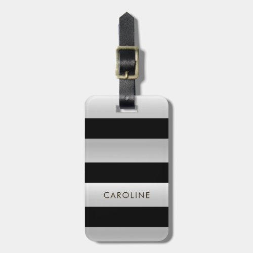Modern Silver Metal Black Striped Custom Name Addr Luggage Tag