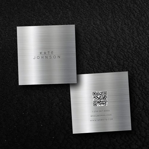 Modern Silver Metal Minimalist Simple QR Code Square Business Card