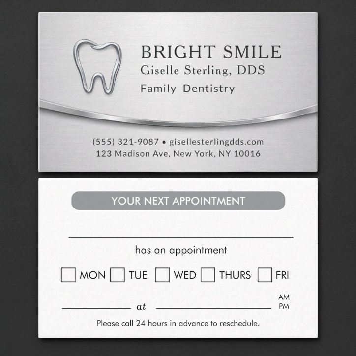 Modern Silver Metallic Dentist Appointment Card