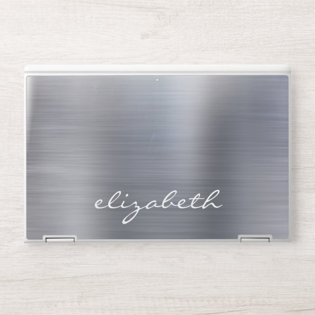 Modern Silver Metallic Handwriting Monogram HP Laptop Skin (Front)