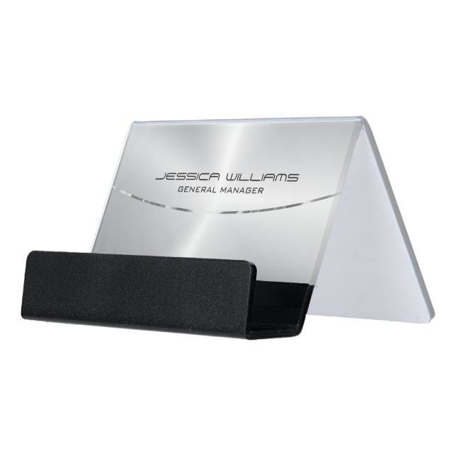 Modern Silver Metallic Looking Background Desk Business Card Holder (Angled Front)