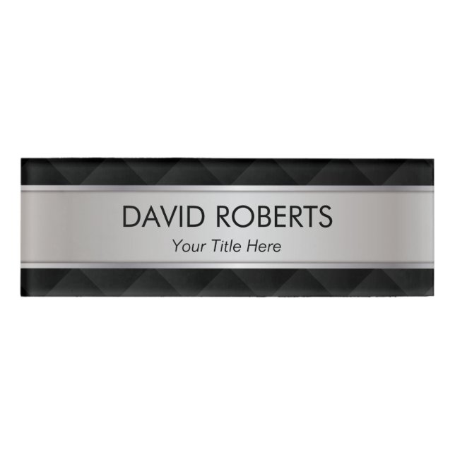 Modern Silver Metallic Striped Professional Name Tag (Front)