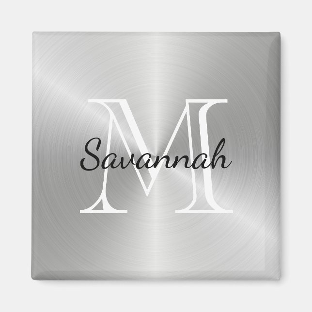 Modern Silver Monogram Faux Metal Magnet (Front)