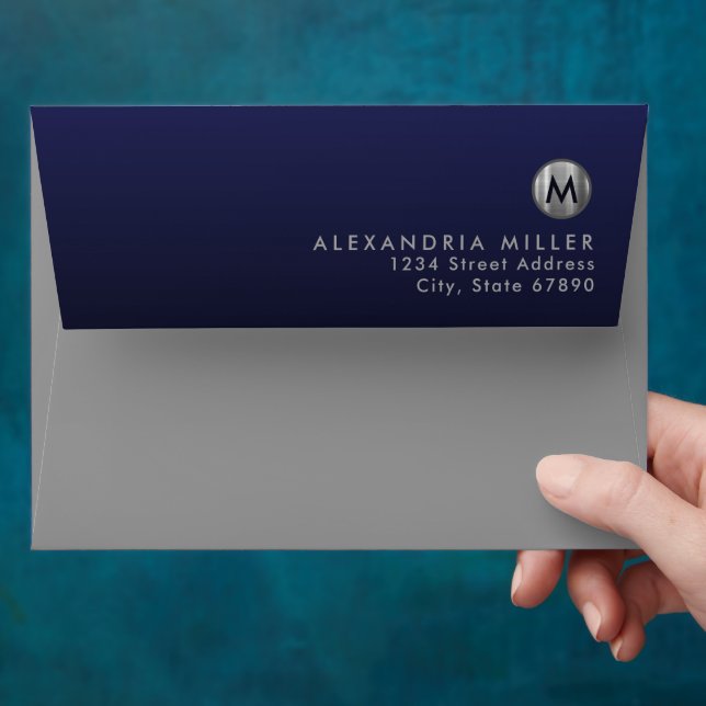 Modern Silver Monogram Navy Blue Return Address Envelope (Hand)