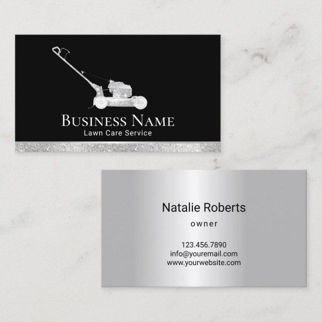 Modern Silver Mower Lawn Care & Landscaping Business Card (Front/Back)