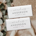 Modern Silver Mr and Mrs Wedding Hershey Bar Favors<br><div class="desc">A refined wedding favor wrapper featuring "Mr and Mrs" in flowing calligraphy script with the couple's surname displayed as a monogram-style centerpiece. Cool silver tones on a clean background create a polished, understated elegance perfect for contemporary celebrations. Personalize the names and wedding date for a sophisticated reception favor. All text...</div>