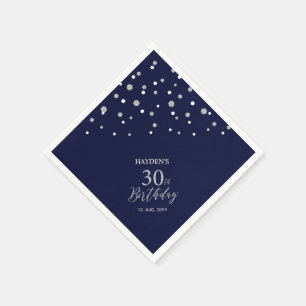 Modern Silver & Navy 30th Birthday Party Napkins