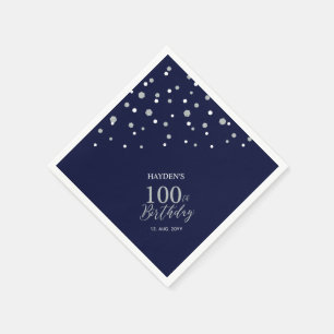 Modern Silver & Navy Blue 100th Birthday Party Napkins