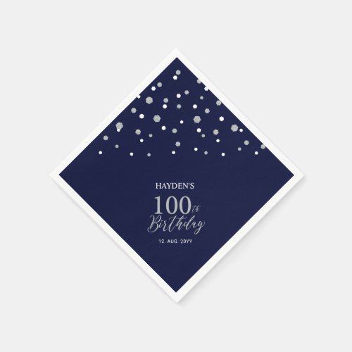 Modern Silver  Navy Blue 100th Birthday Party Napkins