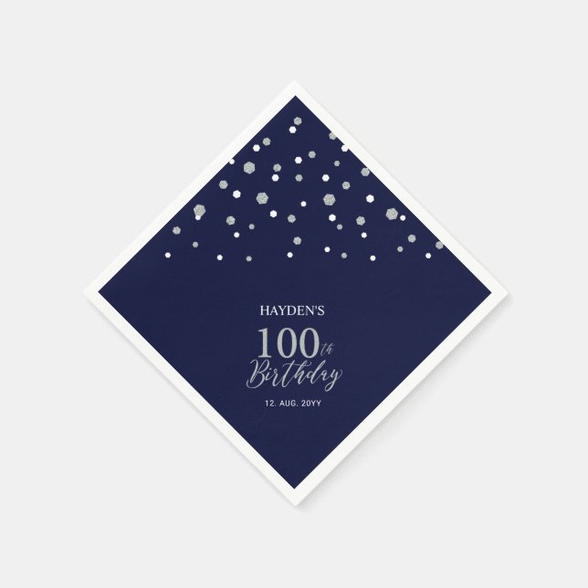 Modern Silver & Navy Blue 100th Birthday Party Napkins (Corner)