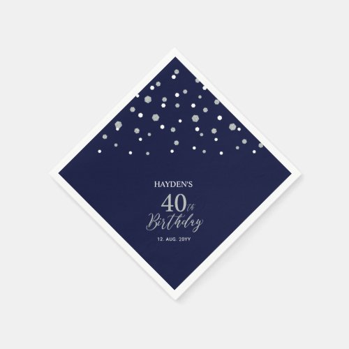 Modern Silver  Navy Blue 40th Birthday Party Napkins