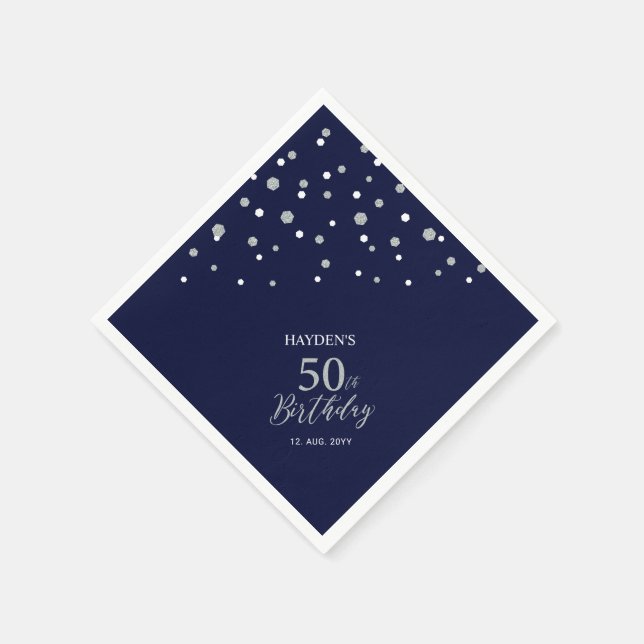 Modern Silver & Navy Blue 50th Birthday Party Napkins (Corner)