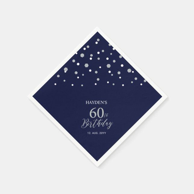 Modern Silver & Navy Blue 60th Birthday Party Napkins (Corner)