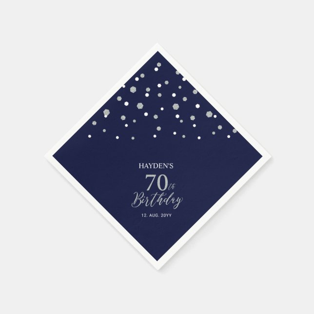 Modern Silver & Navy Blue 70th Birthday Party Napkins (Corner)