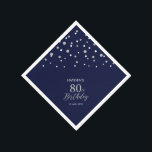 Modern Silver & Navy Blue 80th Birthday Party Napkins<br><div class="desc">This personalized paper napkin will add stylish detail to your special day. This design features modern silver & navy blue hexagon confetti with custom text. Perfect for a modern silver theme 80th birthday party. Matching invitations and party supplies are available in my shop BaraBomDesign.</div>