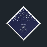 Modern Silver & Navy Blue 80th Birthday Party Napkins<br><div class="desc">This personalized paper napkin will add stylish detail to your special day. This design features modern silver & navy blue hexagon confetti with custom text. Perfect for a modern silver theme 80th birthday party. Matching invitations and party supplies are available in my shop BaraBomDesign.</div>