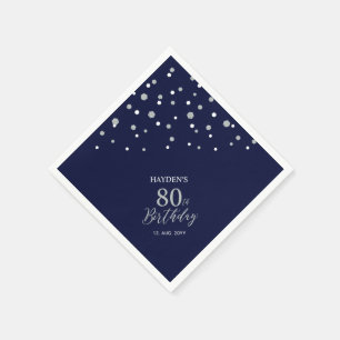 Modern Silver & Navy Blue 80th Birthday Party Napkins