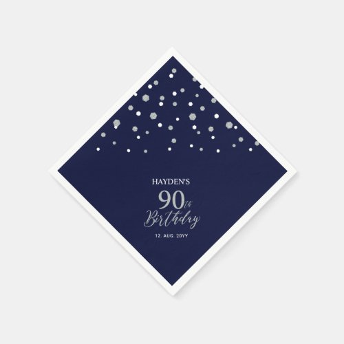 Modern Silver  Navy Blue 90th Birthday Party Napkins