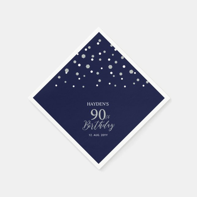 Modern Silver & Navy Blue 90th Birthday Party Napkins (Corner)