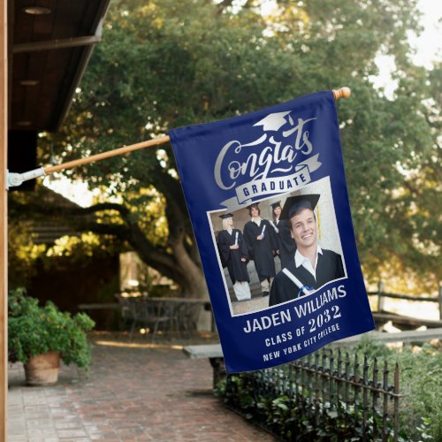 Modern Silver Navy Blue Graduation PHOTO House Flag