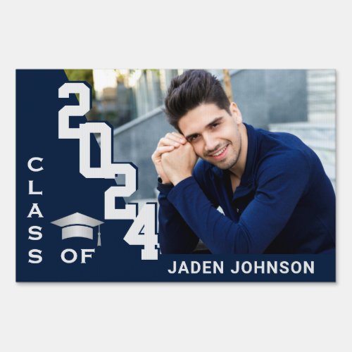 Modern Silver Navy Blue Graduation Photo Yard Sign