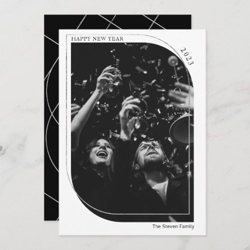 Modern silver new year overlay photo black white holiday card