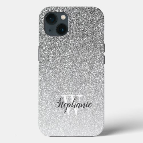 Modern Silver Ombre Faux Glitter Monogram iPhone 13 Case