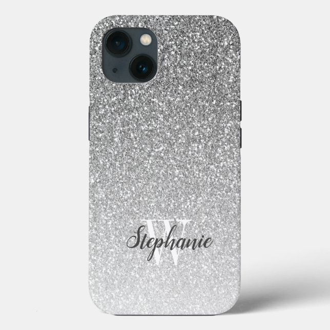 Modern Silver Ombre Faux Glitter Monogram Case-Mate iPhone Case (Back)