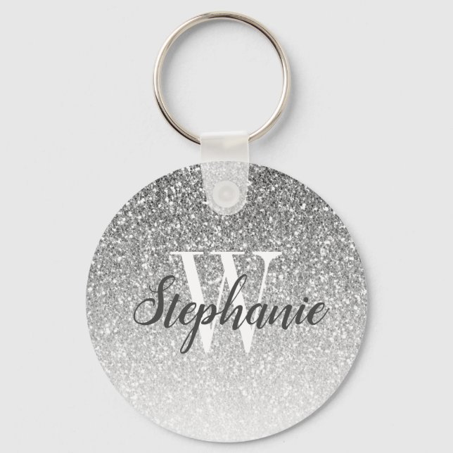 Modern Silver Ombre Faux Glitter Monogram Keychain (Front)