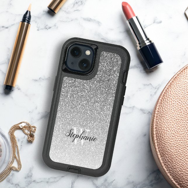 Modern Silver Ombre Faux Glitter Monogram Otterbox iPhone Case (Creator Uploaded)