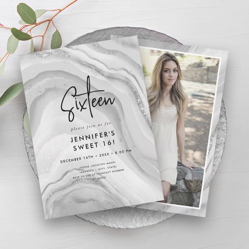 Modern Silver Ombre Marble Photo Sweet 16  Invitation