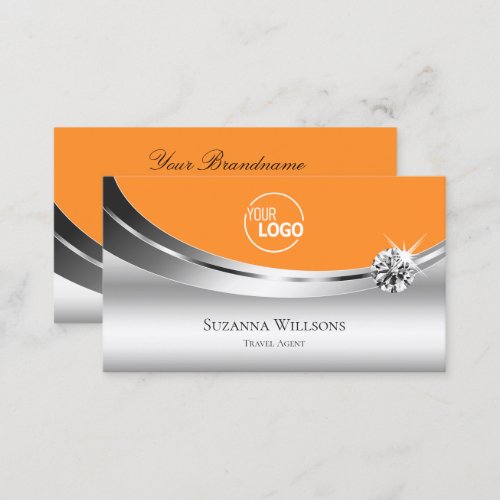 Modern Silver Orange with Logo and Sparkle Diamond Business Card
