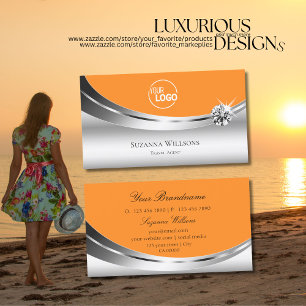 Modern Silver Orange with Logo and Sparkle Diamond Business Card