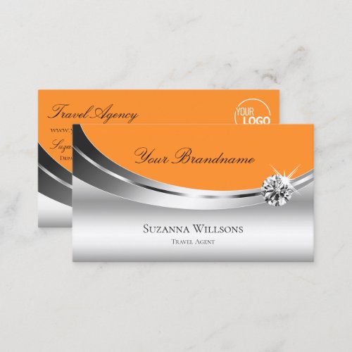 Modern Silver Orange with Logo Sparkling Diamond Business Card