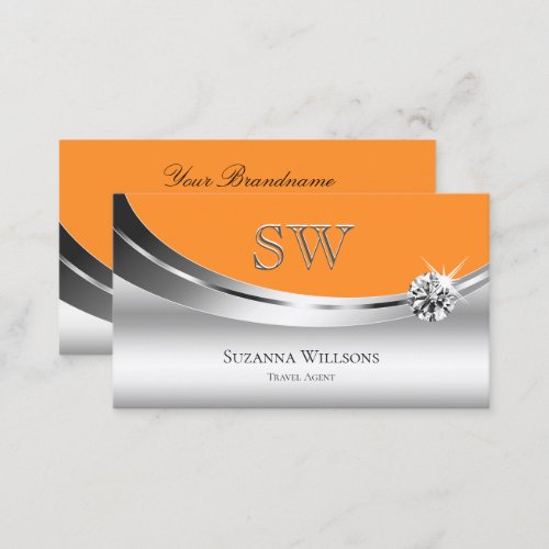 Modern Silver Orange with Monogram Sparkle Diamond Business Card