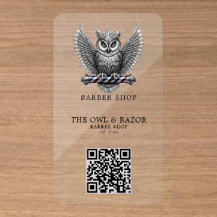 Modern Silver Owl Barber Shop Logo Qr Code Clear Business Cards
