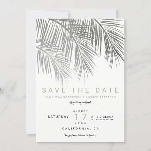 Modern silver palm tree elegant save the date