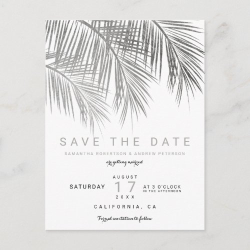 Modern silver palm tree elegant save the date announcement postcard