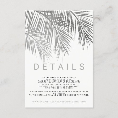 Modern silver palm tree elegant wedding details enclosure card