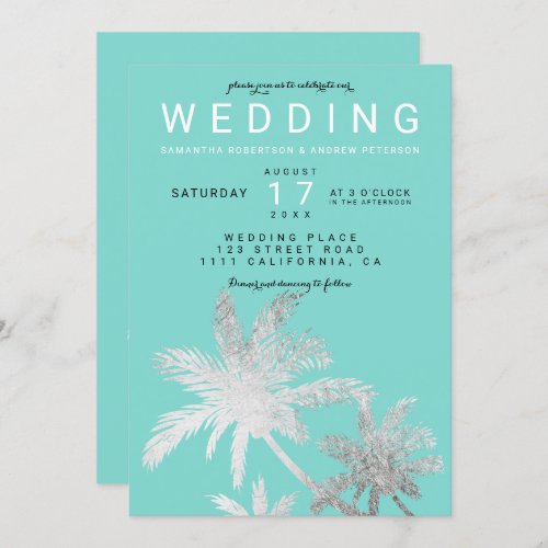 Modern silver palm trees teal elegant wedding invitation