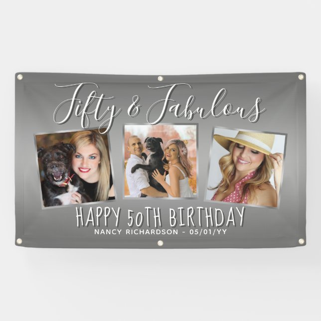 Modern Silver Photo Collage 50th Birthday Banner (Horizontal)