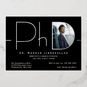 Modern Silver Photo PhD Graduation Foil Invitation
