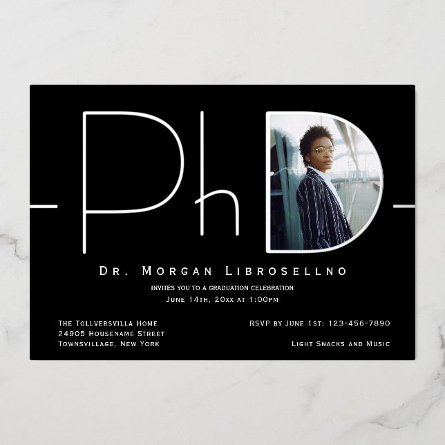 Modern Silver Photo PhD Graduation Foil Invitation (Front)