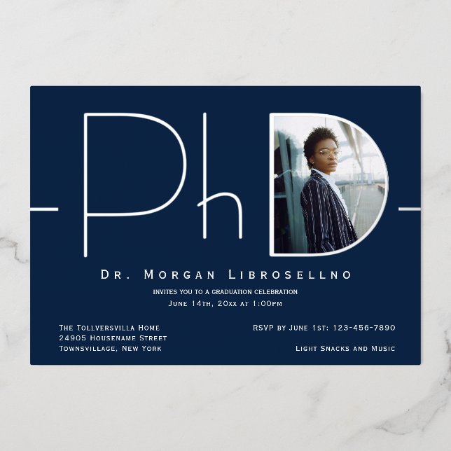 Modern Silver Photo PhD Graduation Foil Invitation (Front)