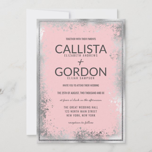 Modern Silver Pink Splatter Glitter Border Wedding Invitation (Front)