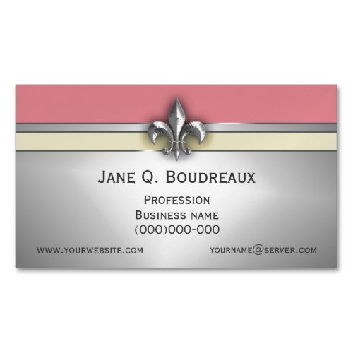 Modern Silver Pink Yellow Fleur de Lis Business Card Magnet