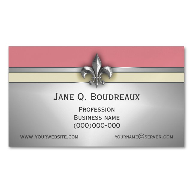 Modern Silver Pink Yellow Fleur de Lis Business Card Magnet (Front)