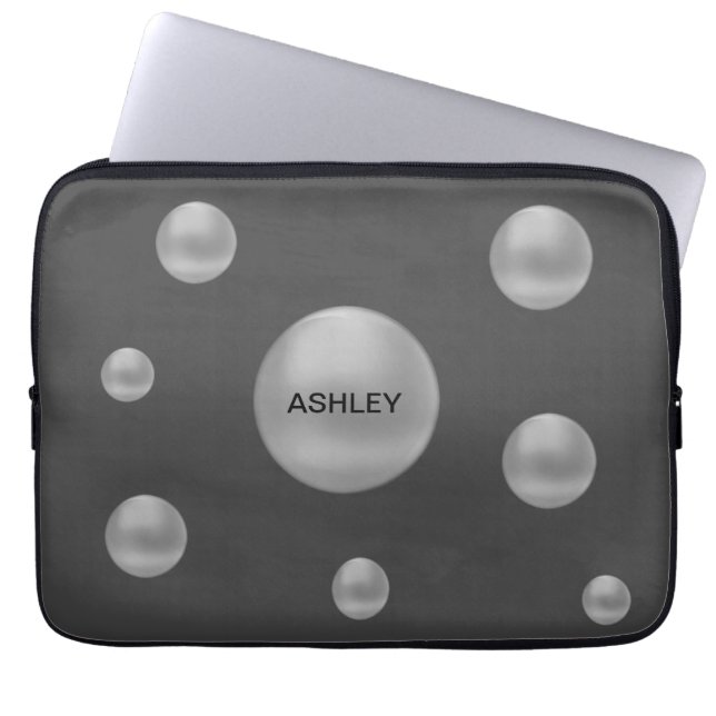 Modern Silver Polka Dots on Gray Laptop Sleeve (Front)
