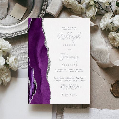 Modern Silver Purple Agate Wedding Foil Invitation